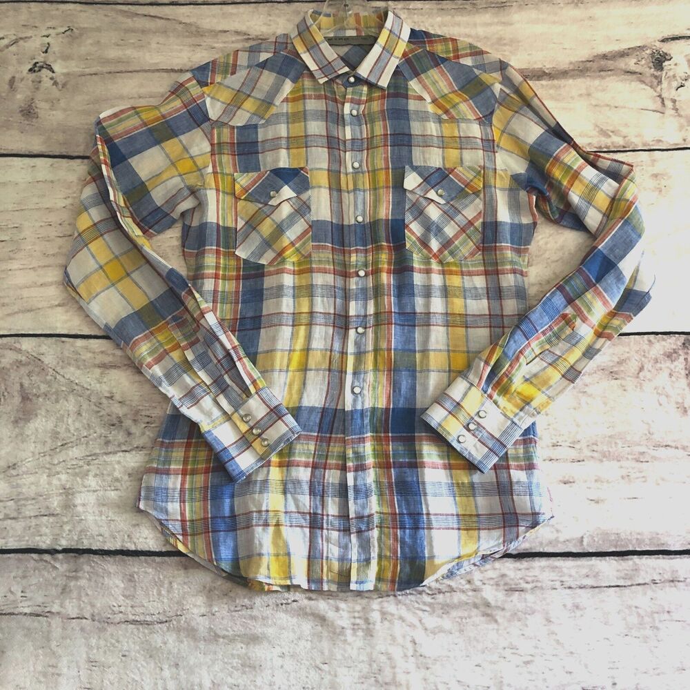 Etro Mens Shirt 39 Blue Yellow Plaid Western Yoke Pearl Snap Button Pockets